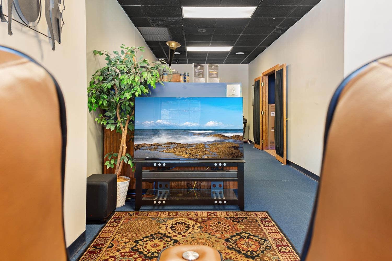 Television displaying a rocky ocean shore placed on a glass stand near an ornate rug