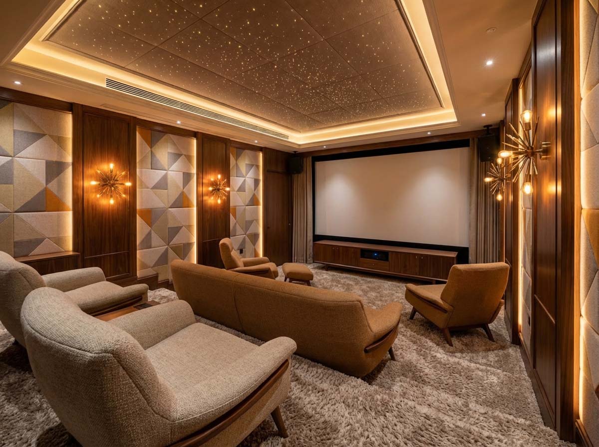 Modern living room with warm layered lighting and contemporary furniture
