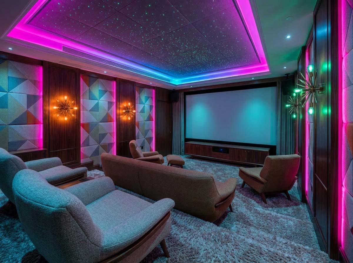 Cozy living room with warm lighting highlighting seating and décor
