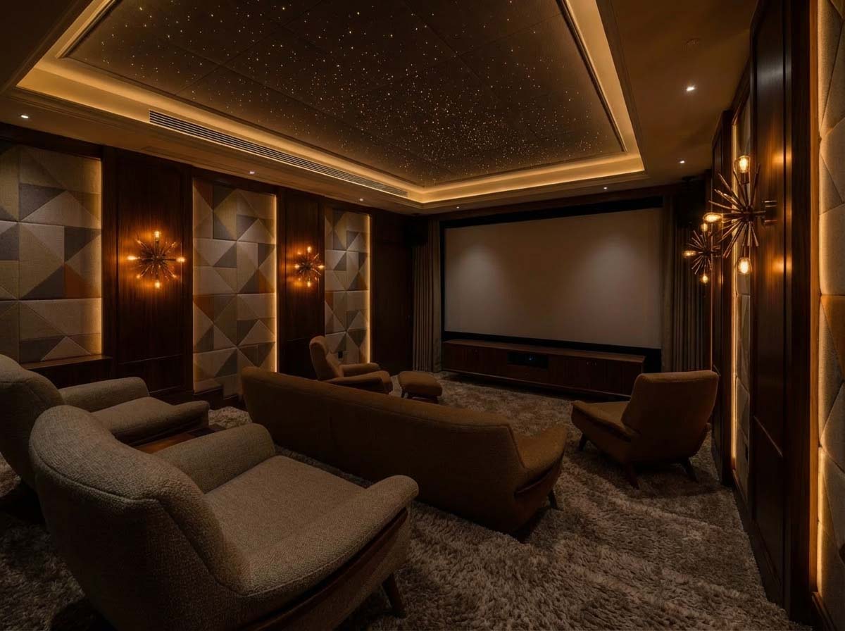 Living room at night with dimmed lights and soft ambient glow