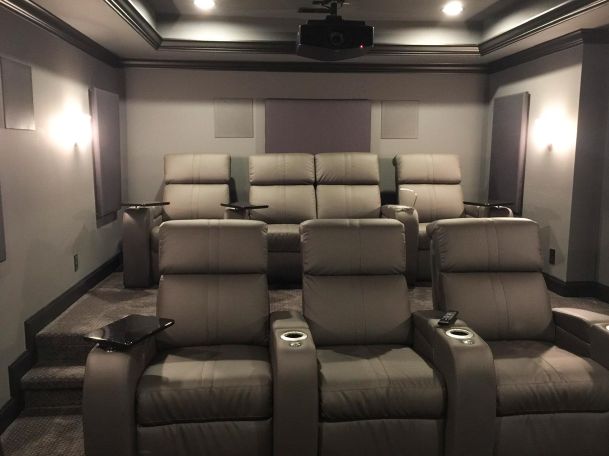 Two rows of grey leather recliners in a dedicated home theater room