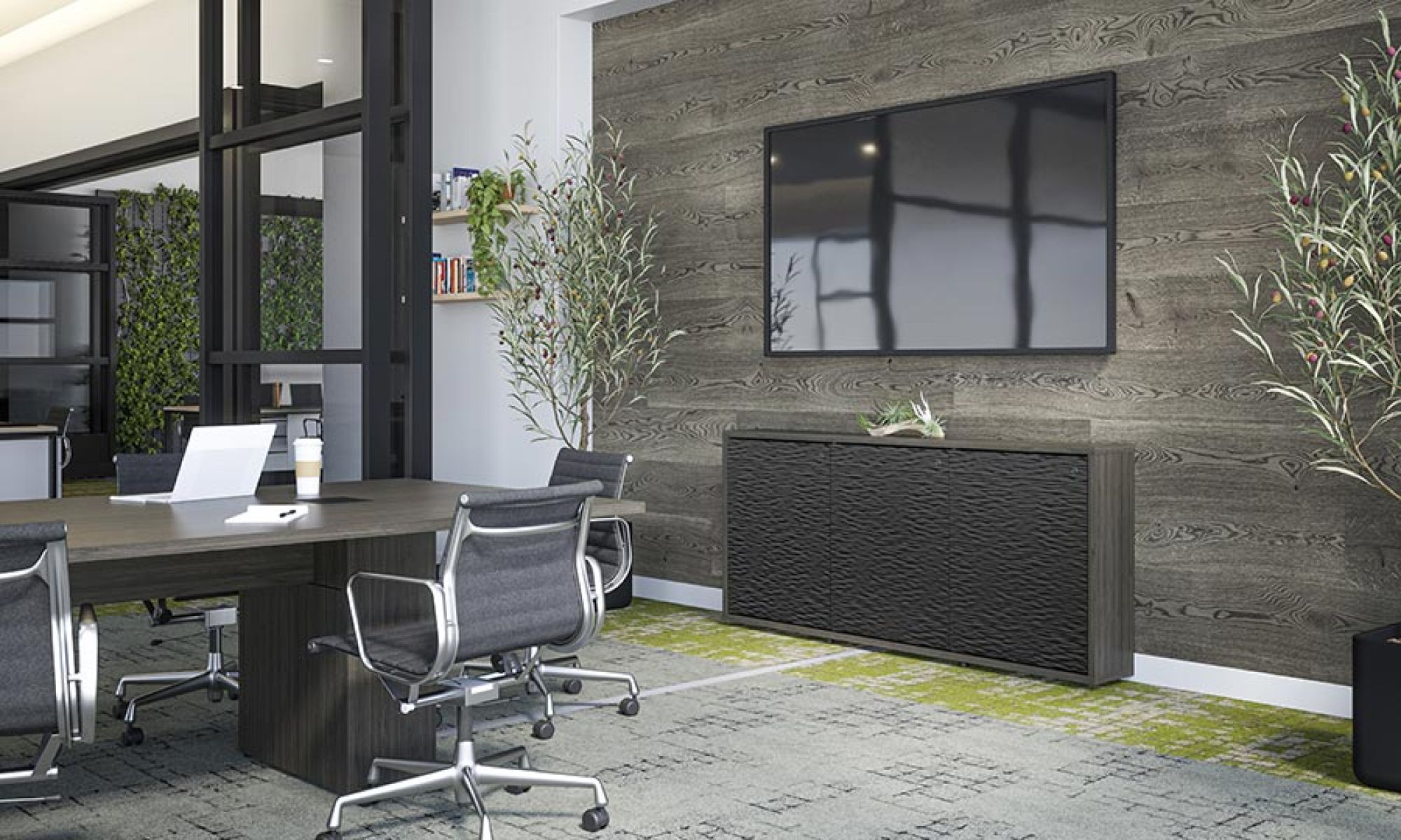 Black credenza in an office conference room with a wall display
