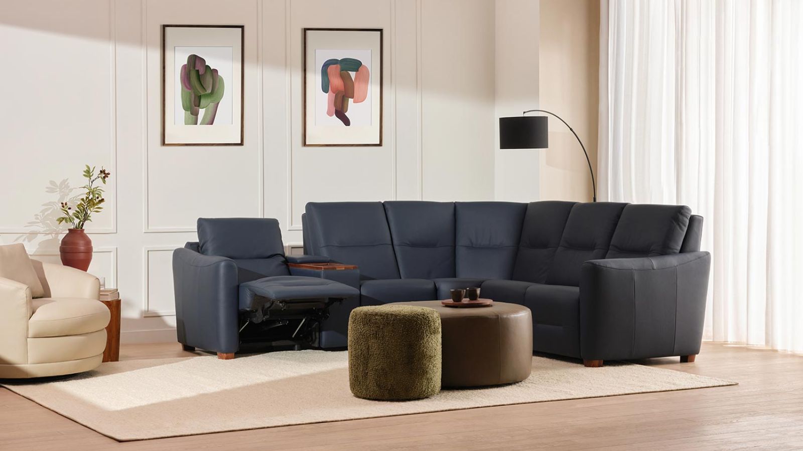 navy blue modular sectional sofa in a bright living room