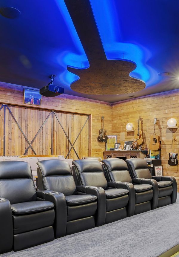 Home theater with black recliners and blue guitar ceiling