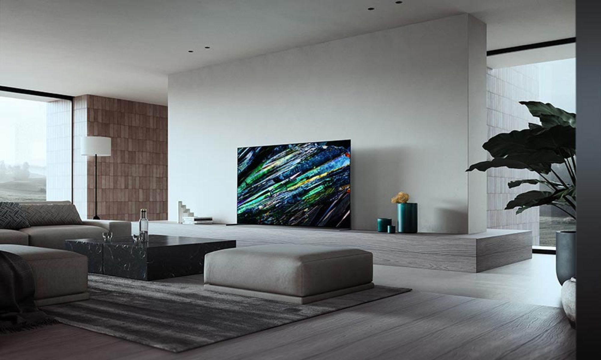 Large flat screen television in a minimalist modern living room