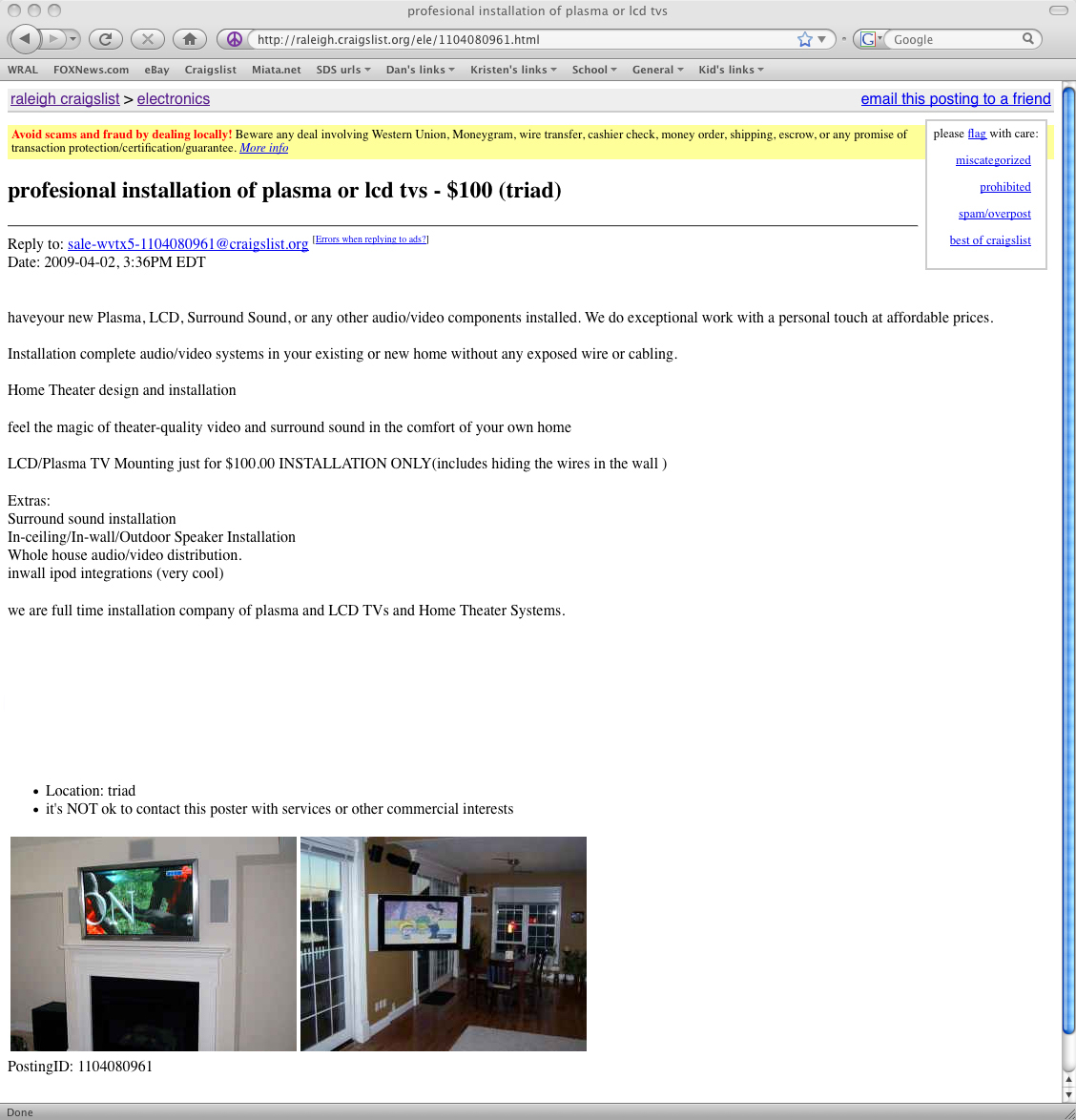 Craigs List ad featuring our portfolio piece claimed by someone else