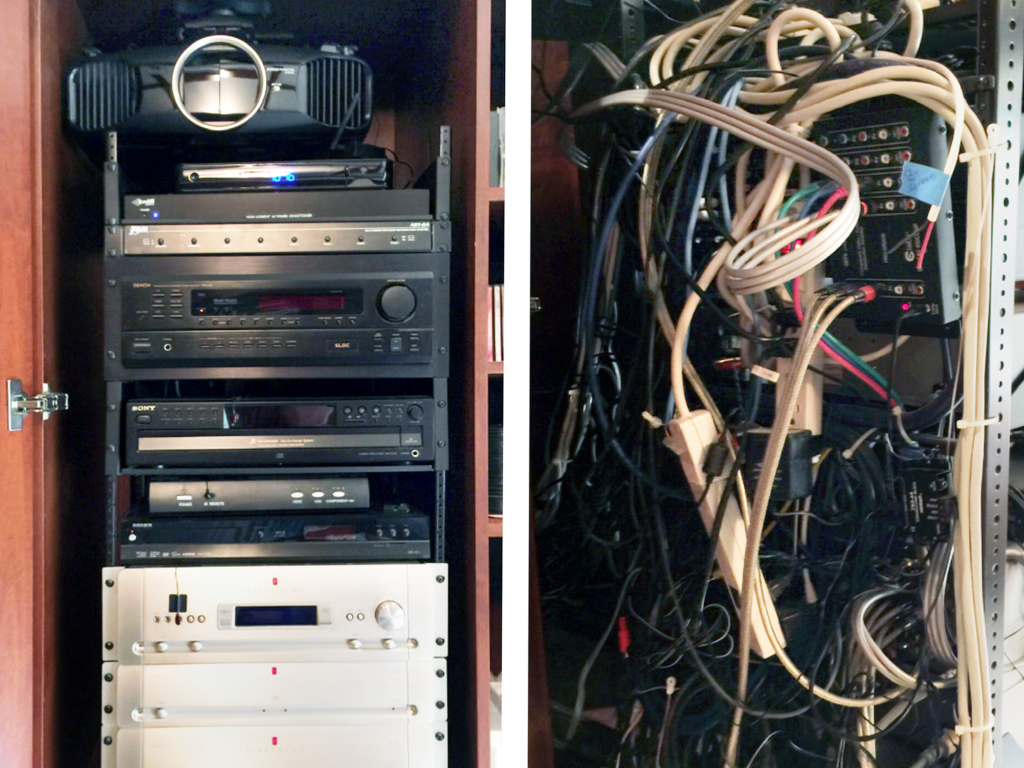 A rack of audio equipment next to a chaotic bundle of cables.