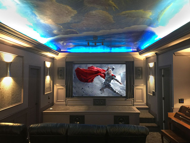 Dedicated Home Theater with Painted Ceiling