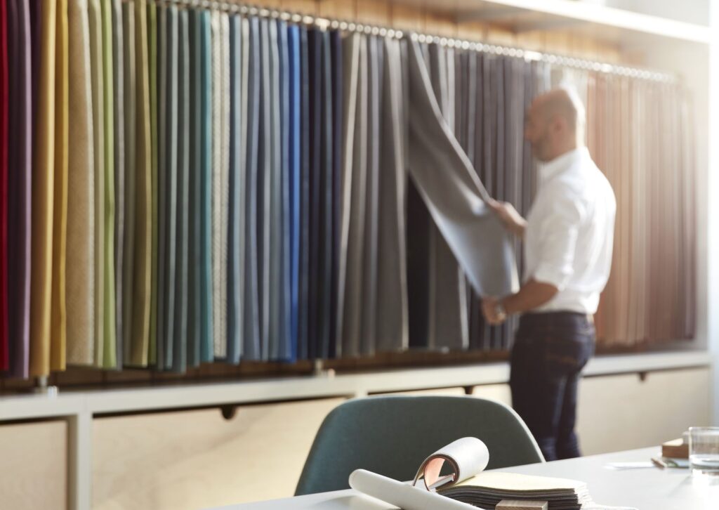 Samples of fabric and leathers for home theater seating