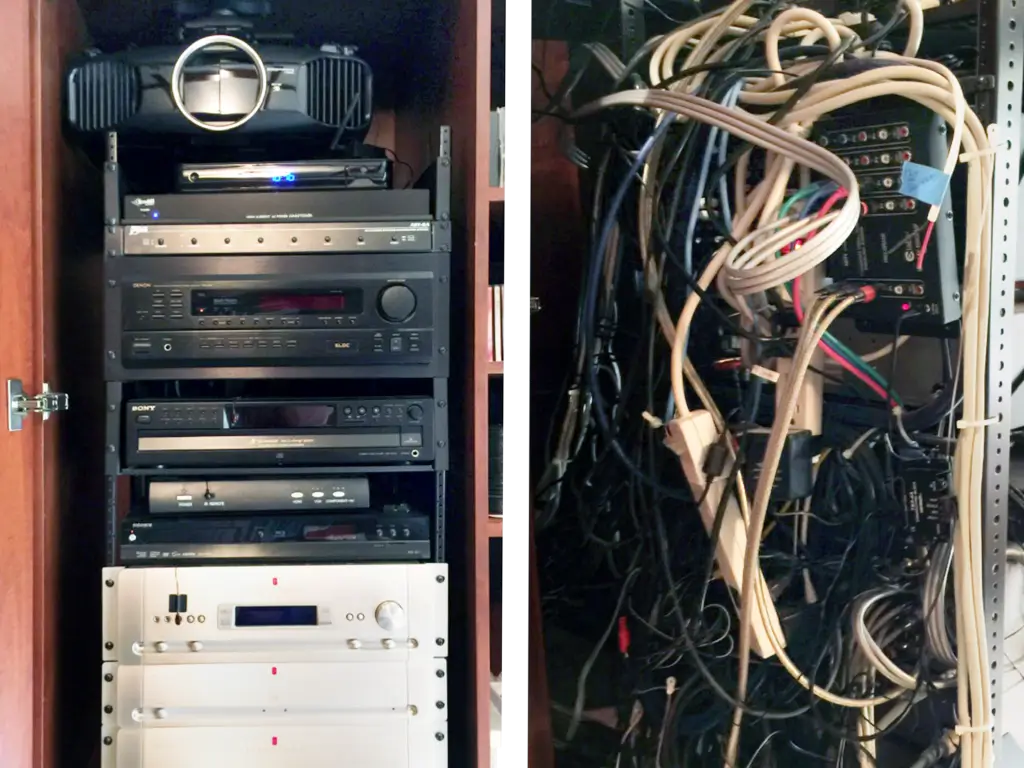 A rack of audio equipment next to a chaotic bundle of cables.